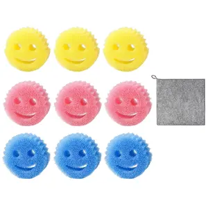2PCS Smile Scrub Sponges – Colorful, Fun Cleaning Sponges (Blue, Yellow, Red) with 2 Bonus Cloths | Durable, Reusable, and Perfect for Kitchen, Bathroom, Sneaker & Dish Cleaning | Pack of 2