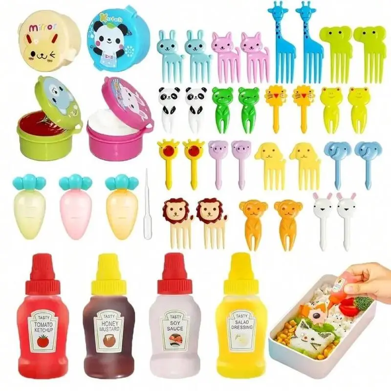 42pcs ABS Plastic Compact Cute Animal Bento Box Accessory Set - Kitchen Utensils Kit with Mini Fruit & Cake Forks, Portable Seasoning Squeeze Bottles, Silicone Lunch Box Decoration Molds, Party Supplies, Ideal Halloween Gift
