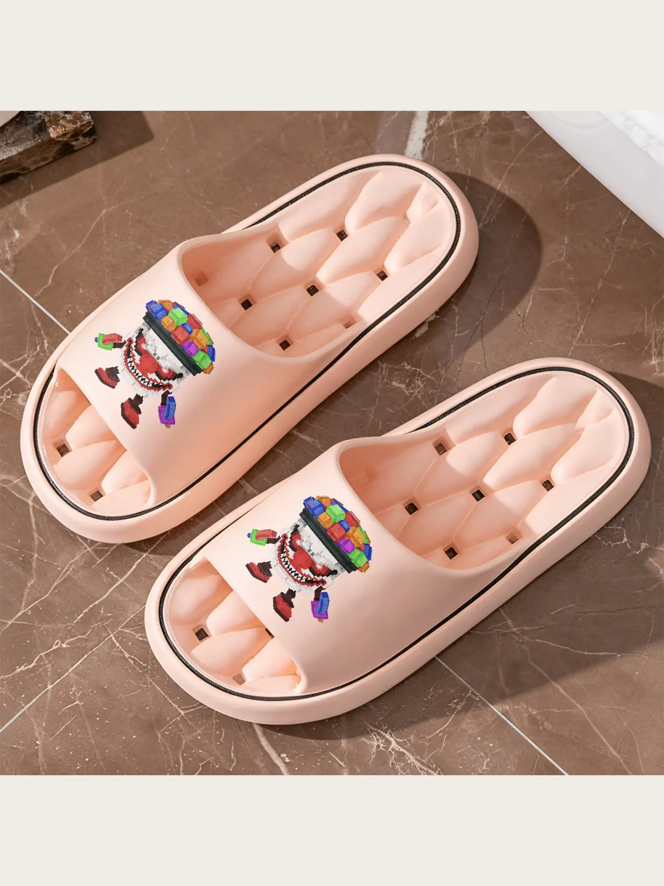 Blocky Evil Clown Character Print Slippers, Vibrant 3D Pixel Art Spooky Clown Pattern Non Slip Soft House Slippers, Comfy Plush Indoor Casual Slide Shoes for All Seasons, Unique Themed Footwear For Clown Lovers