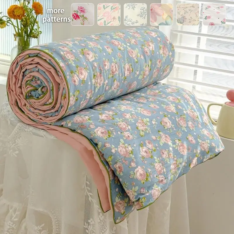 Floral Print Summer Quilt, 1 Count Soft & Skin-friendly Air-conditioning Quilt, Thin Blanket for Home Bedroom Living Room Dormitory, Lightweight Quilt