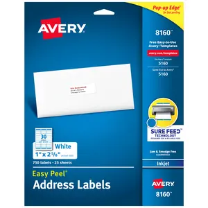 Avery Easy Peel Printable Address Labels with Sure Feed, 1" x 2-5/8" Customizable Stickers, White, 750 Blank Mailing Labels, Great for Mailing, Shipping, and More (8160)