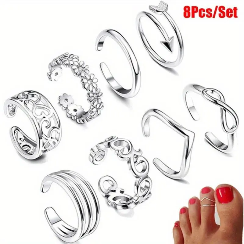 8 Pcs Toe Rings for Women Toe Ring Non Tarnish Simple Open Adjustable Band Toe Rings Set Beach Foot Toe Ring for Summer