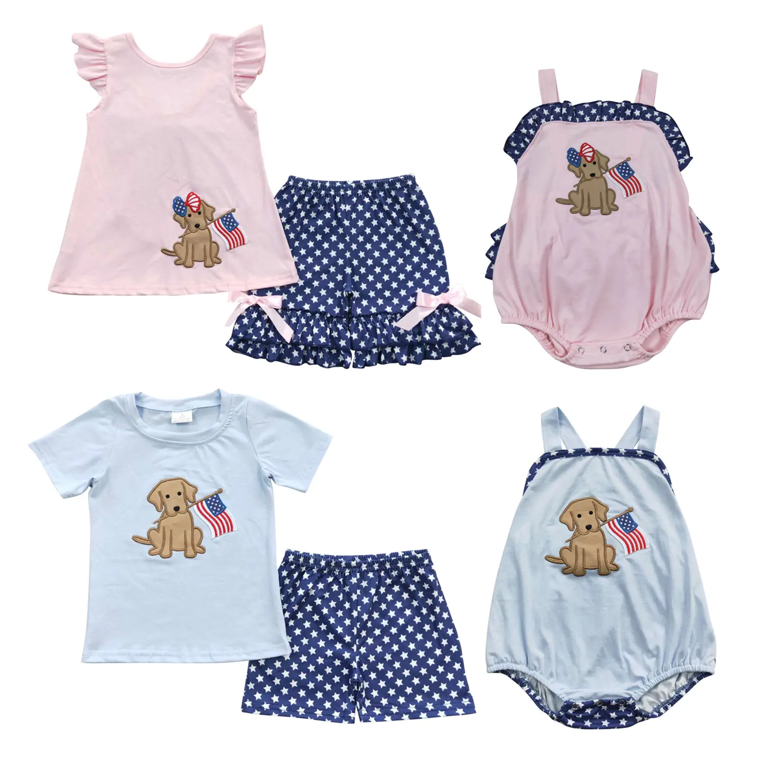 Kids' 4-5 Years Patriotic Cotton Celebration Suit Set, Cartoon Print Match Style Outfit with Cute Puppy Design for Boys & Girls, Ideal for Independence Day, Cousins' BBQ, Cartoon Print Set, Match Style Set