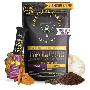 Grateful Earth Mushroom Coffee, Espresso Instant Coffee with Cinnamon, Turmeric, Lion’s Mane Mushrooms, L-Theanine, Chaga Super Brain Blend For Energy & Immune Support, Dairy & Gluten Free, 20 Packets