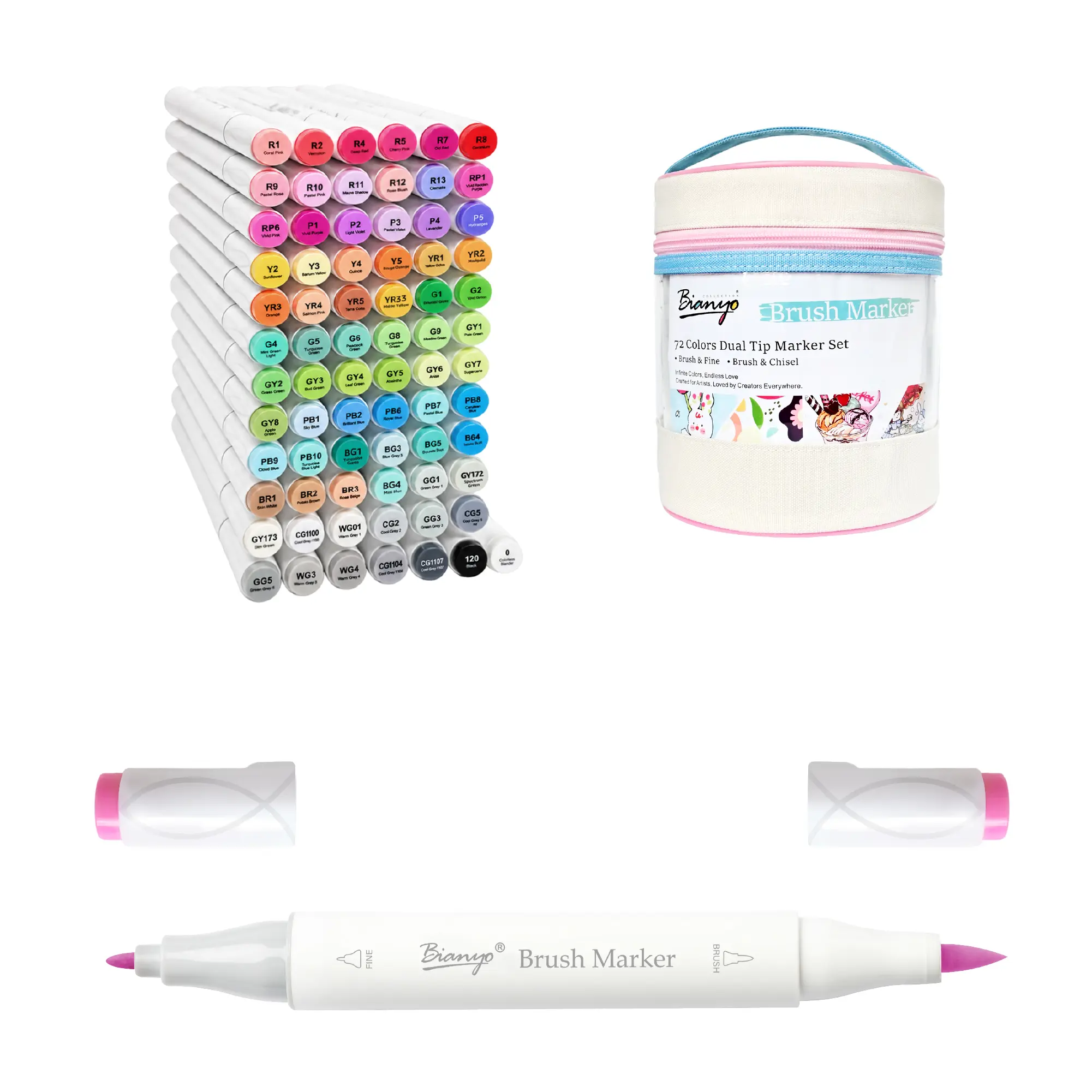 Bianyo 72-Color Dual-Tip Alcohol Markers Set - Brush & Fine Tips, Portable Cylinder Bag, for Adult Coloring, DIY Crafts, Illustration, Blending & Creative Art