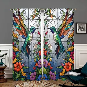 Vintage Hummingbird & Floral Pattern Curtain, 2 Counts/set Colorful Bird & Flower Pattern Door Curtain, Window Treatment for Home Living Room Bedroom Kitchen Bathroom