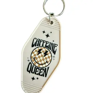 Sassy Acrylic Keychain Caffeine Queen Design with Checkered Circle and Stars Pattern
