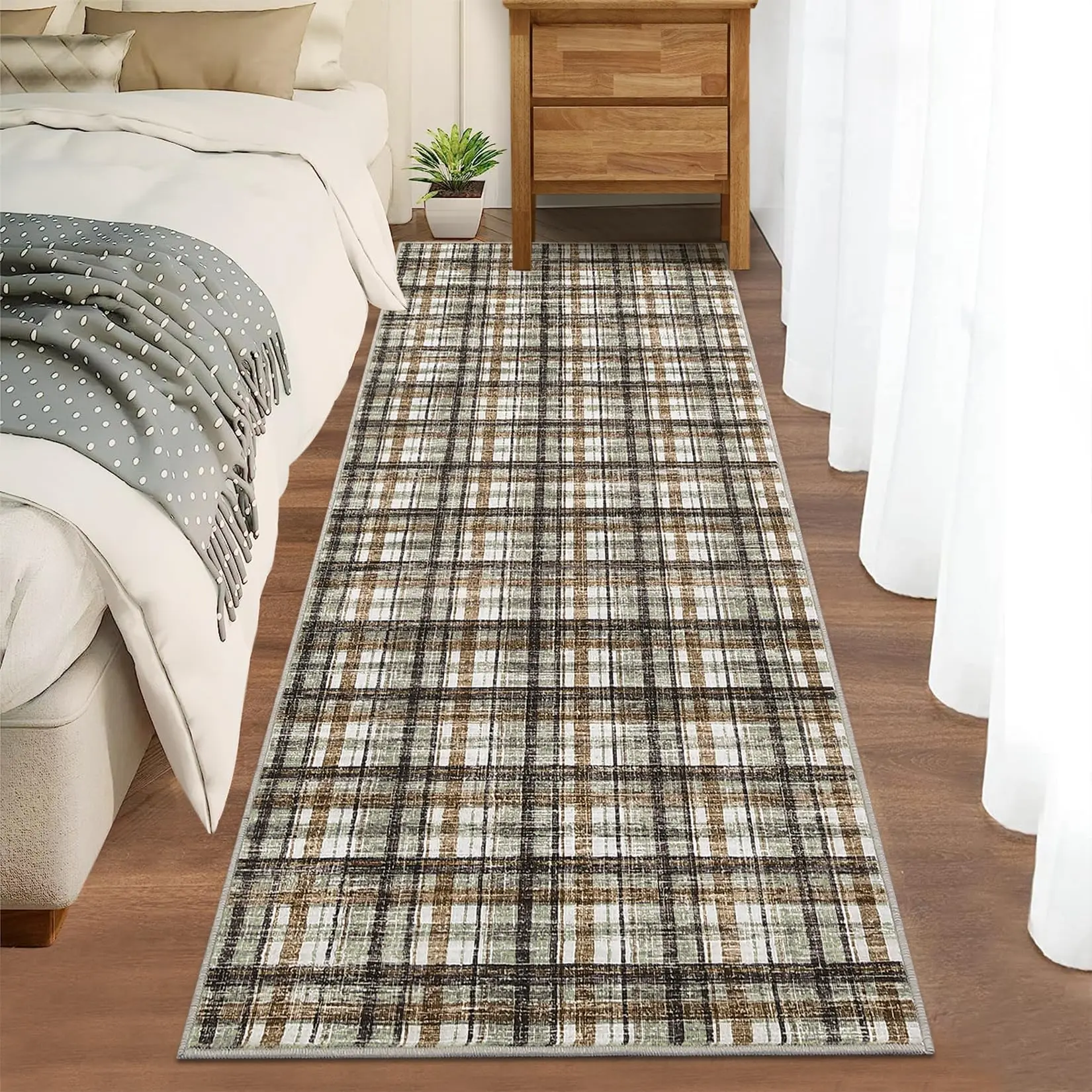 Plaid 2x6 Runner Rug for Entryway Bathroom Washable Hallway Rugs, Modern Checkered Runner Rug Non-Slip Non-Shedding Kitchen Mat for Living Room Bedside Laundry Balcony,Celadon/Brown