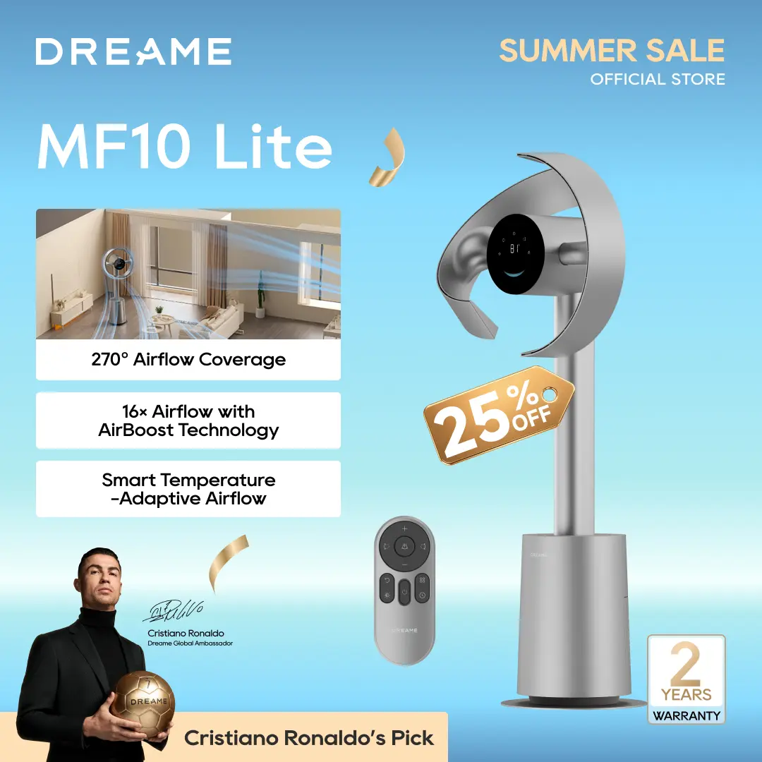 DREAME MF10 Lite Bladeless Tower Fan for Bedroom, Smart Standing Fan with 270° Spatial Airflow for Whole-Room Circulation, 59ft/s High Velocity, 10 Speeds 3 Modes, Temperature-Adaptive Airflow, MF10-Beige