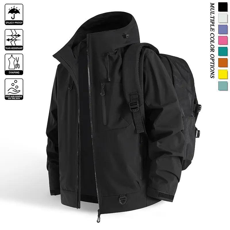 Men’s waterproof, splash-resistant hooded windbreaker—breathable, lightweight, tear-resistant outdoor jacket available in multiple colors; casual rain outerwear for hiking, camping, trekking, cycling, travel, everyday street wear, and urban commuting.