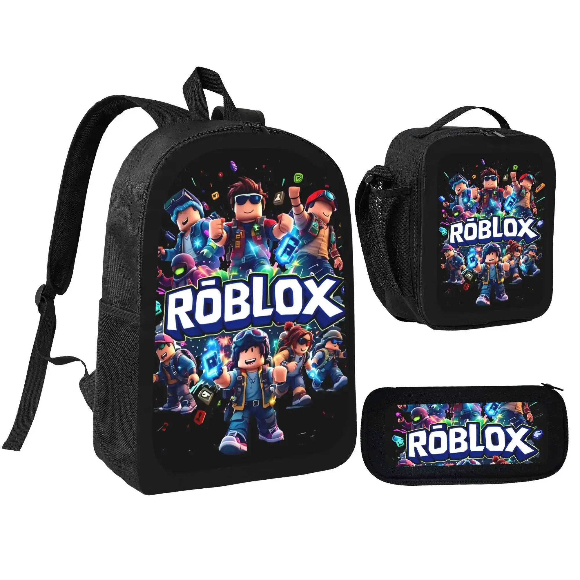Roblox Backpack 3PCS Daypack cartoon Shoulder Bag Leisure Travel Adjustable Strap Backpacks 17in