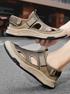 Men's Solid Color Mesh Double Buckle Flip-Flops Thick-Soled Non-Slip Outdoor Sandals Breathable Casual Beach Slippers