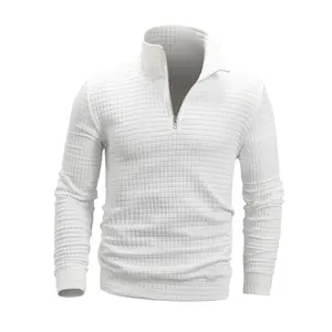 Men's White Waffle Half-Zip Stand Collar Sweatshirt with Three-Dimensional Plaid Texture Soft and Delicate for Autumn Winter Casual Wear - Menswear Long Sleeve quarter zips quarter zip quarter zip men quarter zip movement fall outfits tiktok shop