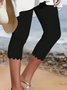 Women's Casual Elastic Capri Tight Legging Pants, Pure Color Knitted Polyester, Asymmetric Hem Waistband, Spring Summer Basic Layer, High Stretch Legwear