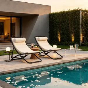 Summervibes 2-Pieces Outdoor Folding Chair, Rattan-Wrapped Patio Chair with Adjustable Backrest, Thick Cushion, and Detachable Headrest ,for the Poolside, Beach, Backyard, Decck, and Camping