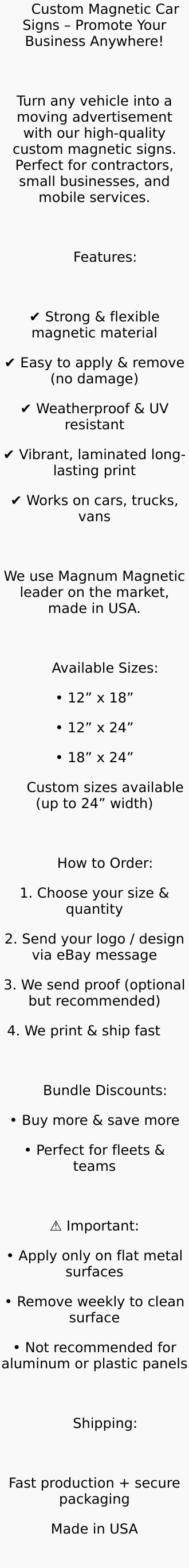 Custom Magnetic Car Sticker Business Vehicle Magnet 12" x 18" /12" x 24" / 18” x 24” Custom Logo Sign for Vehicles