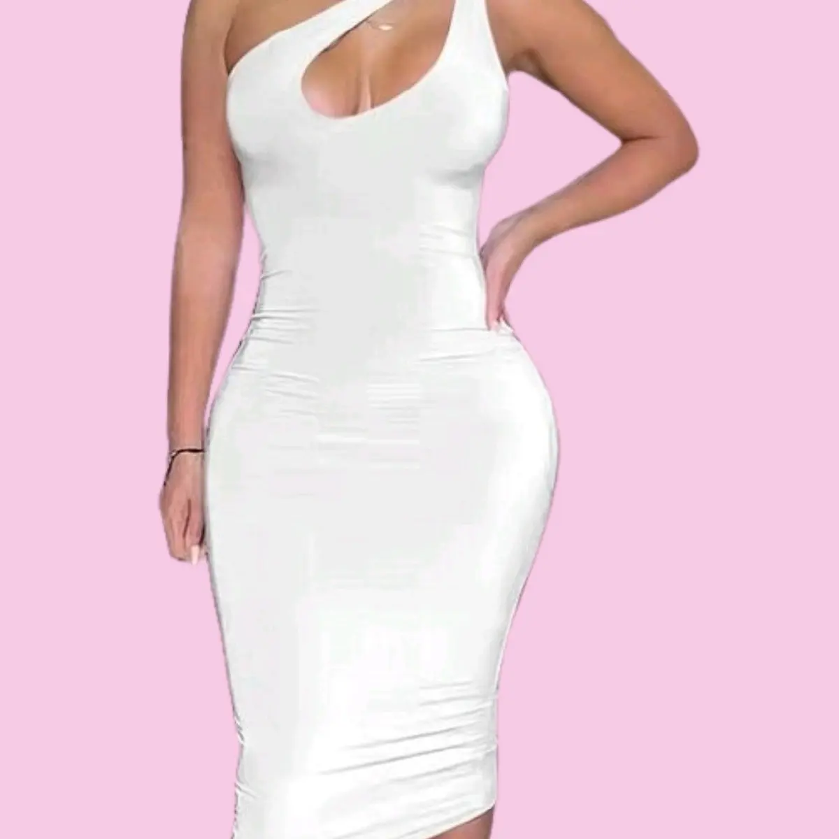 Sadé Bodycon Dress - Solid Color, One-Shoulder, Sleeveless, Midi Length, Polyester, Casual Summer Style, Machine Washable - Pink, Womenswear, Piece