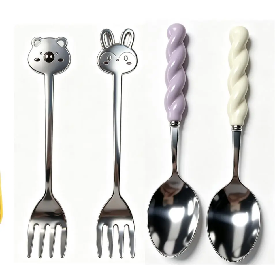 4Pcs Tableware Set, Twisted Pastel Ceramic Handle Stainless Steel Dinner Spoons & Forks, Cute Animal  Metal Cutlery, Reusable Flatware for Home Dining Kitchen
