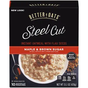 Oats Maple and Brown Sugar Steel Cut Oatmeal Packets, Instant Oatmeal Packets with Steel Cut Oats and Flax Seeds, Ready in 2.5 Minutes, Maple Brown Sugar Flavor, 6, 15.1 OZ