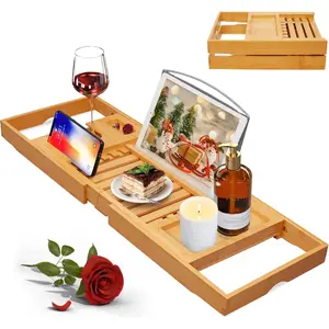 Luxury Foldable Bamboo Bathtub Caddy Tray for Tub - Expandable Bath Table Tray with Book and Wine Glass Holder, Bathroom Accessories for Spa or Reading, Lite Style