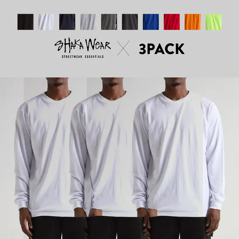 3 Pack SHAKAWEAR Men's Active Long Sleeve T Shirts Lightweight Shaka Wear Lightweight Longsleeves T Shirt Regular Fit Cotton Tee Casual Crew Neck