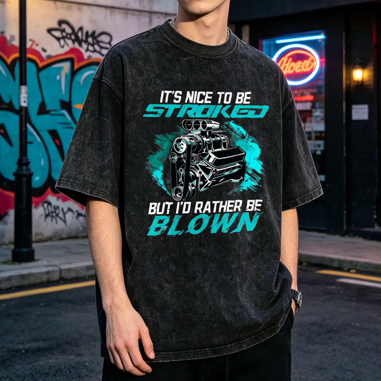 Men's Vintage Washed Engine Design Graphic Round Neck T-Shirt - Breathable, Soft Streetwear, Short Sleeve, Oversized, Outdoor Casual Tee for Movie Lovers (It's Nice To Be Stroked But I'd Rather Be Blown), Machine Washable Mens Clothes