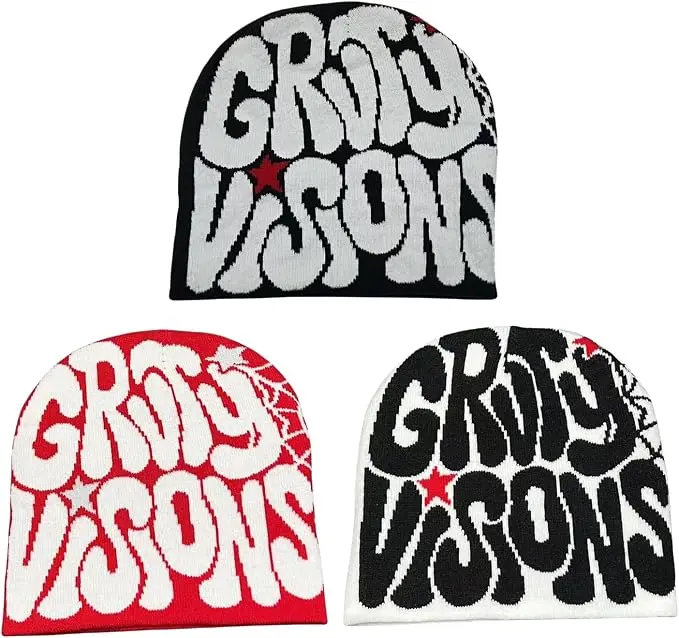 Unisex Knitted Beanie Hat - Y2K Spider Web, Graffiti Lettering Streetwear Skull Cap, Trendy Fashion Accessory for Back to School