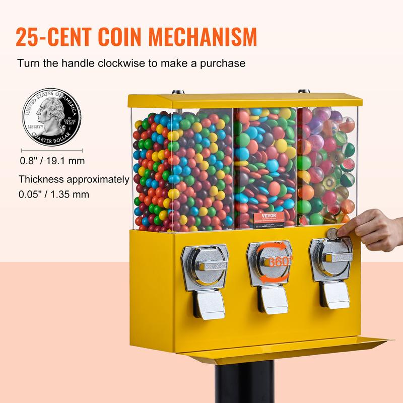 VEVOR Commercial Vending Machine,  , Triple Compartment Candy Dispenser with Iron Stand, Gumball and Candy Machine for Business, Coin Operated Gumball Bank for Toy Capsules Bouncy Balls Candy Nut, Yellow