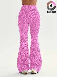 Women's Leopard Print Sport Pants, Spring Summer Micro Flare Yoga Bell Bottoms, Fashion Comfortable Breathable High Waist Workout Wide Leg Pants, Athleisure Style Pants