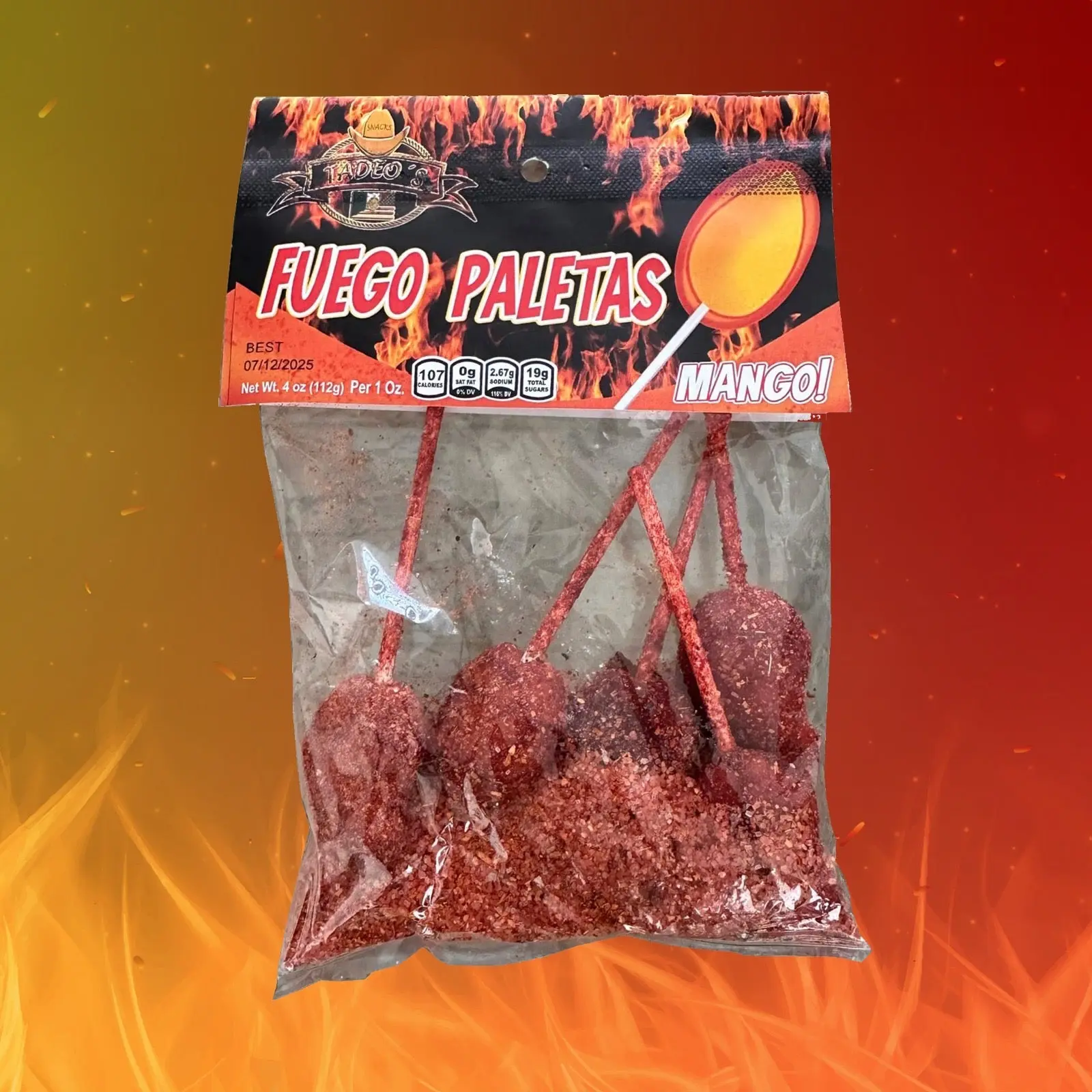 Tadeo's Paletas Fuego - MANGO Loli Pops with Spicy Chili Sweet Snack