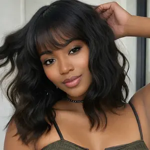 Alrence 12‘’ Black Wavy Wigs with Bangs for Women Shoulder Length Bob Synthetic Cosplay Wig Heat Resistant Costume Wigs for Daily Party Use