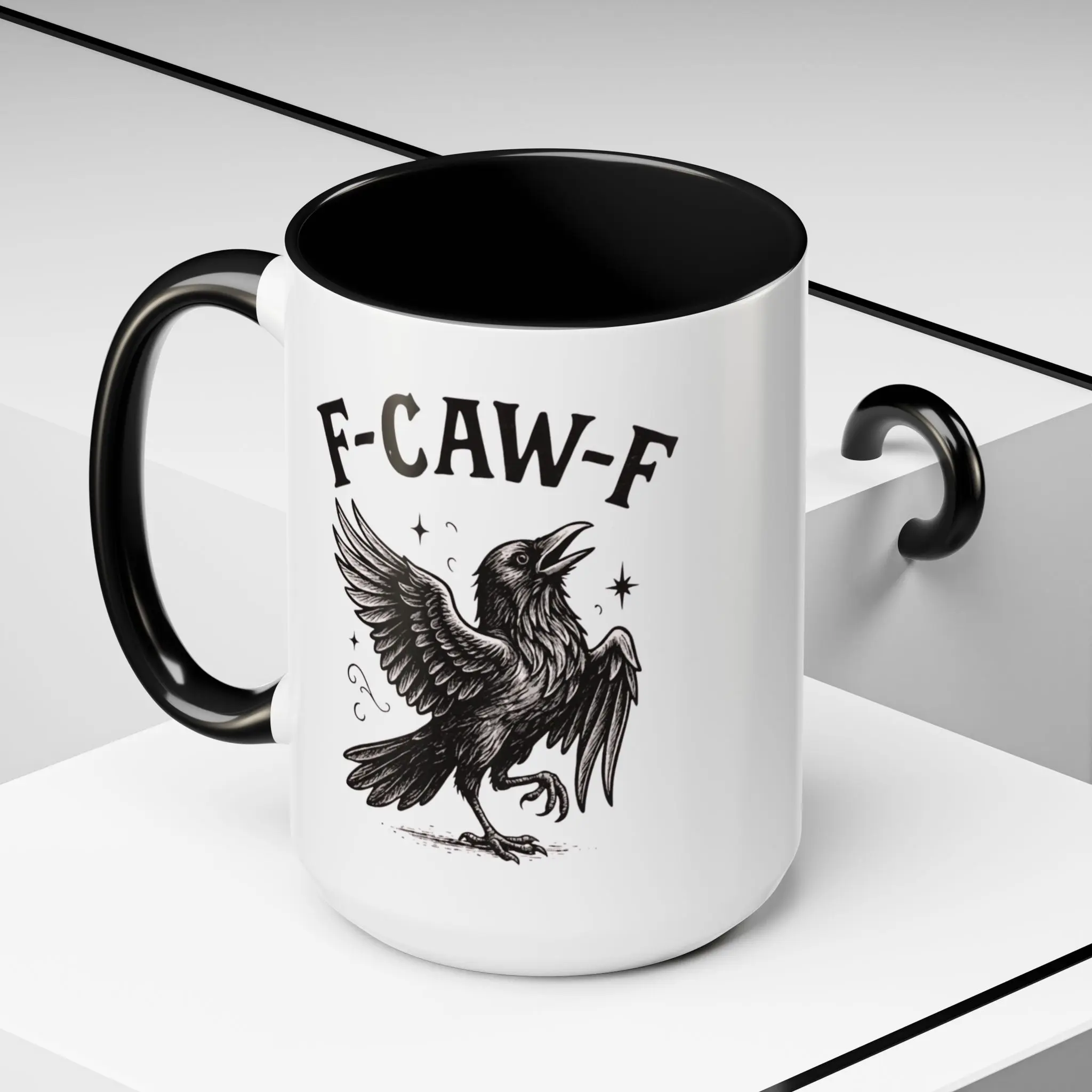 Funny F-CAW-F Raven/Rooster Accent Ceramic Coffee Mug - 11oz & 15oz Classical Mugs, Glossy Printed Black Accent, Sturdy, Microwave & Dishwasher Safe Kitchen Drinkware Gift for Friends