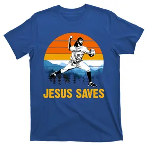 Jesus Saves Retro Baseball Pitcher T-Shirt Menswear Top