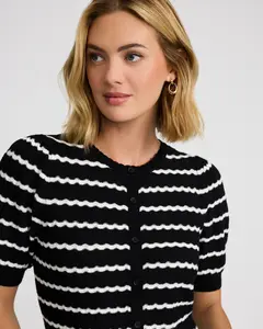 Express Striped Pointelle Crew Neck Short Sleeve Cardigan