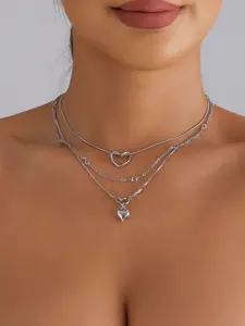 2 Piece Punk Style Heart Pendant Necklace, Layered Necklaces, Silver Color Multi-Layer Chain, Adjustable Alloy, Unisex Jewelry, Ideal Gift