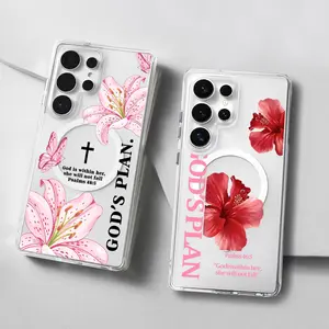 Bibical Cross and Lily Pattern phone Case for Samsung S26/S25/S24/S23/S22/S21/S20/S10/NOTE20/NOTE10/NOTE9/PLUS/ULTRA/FE/A57/A56/A55/A54/A37/A36/A35/A34/A26/A25/A24/A23/A17/A16/A15/A14/A07/A06with MagSafe,Transparent Shockproof Protective Bible Quote cover