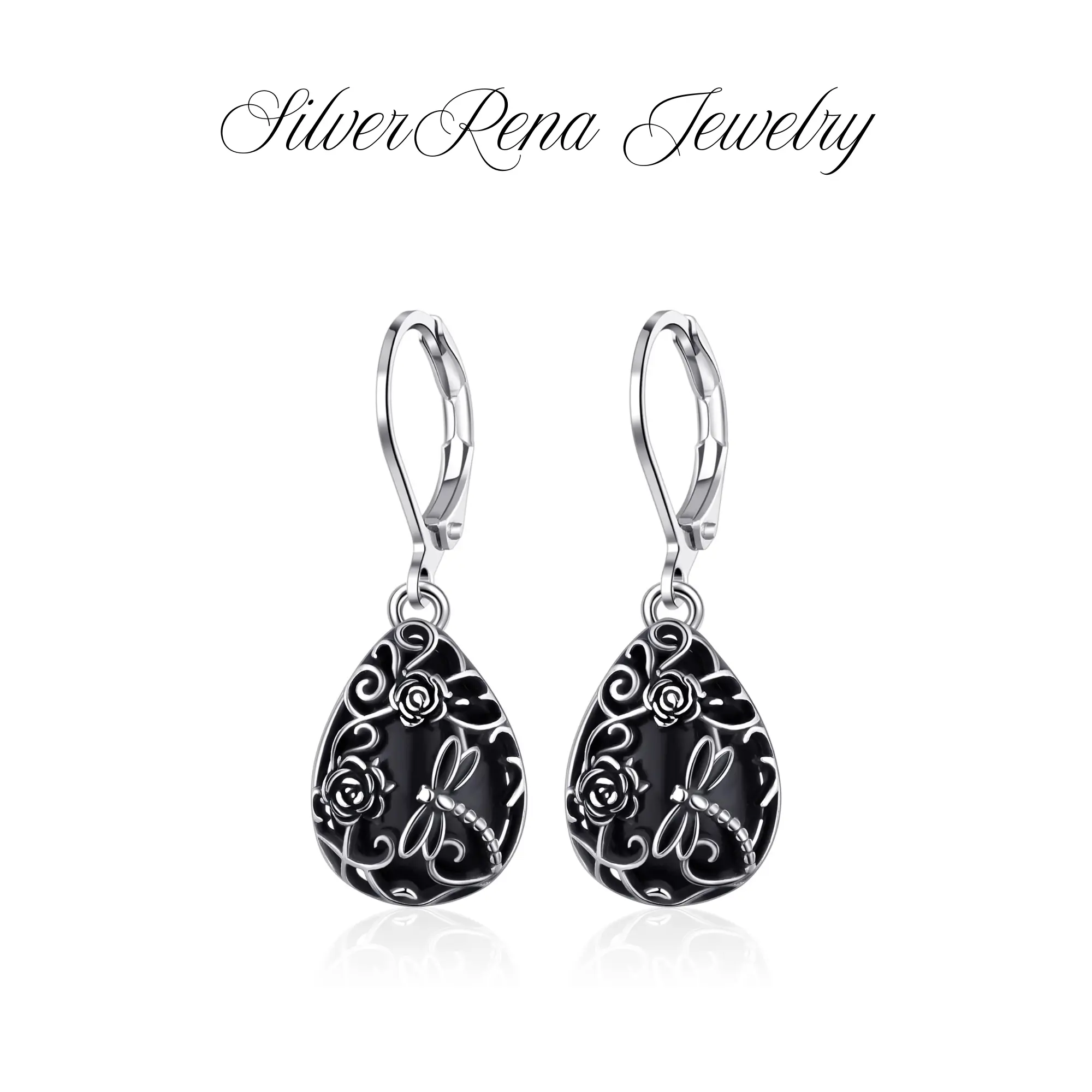S925 Sterling Silver Black Onyx Dragonfly Design Dangle Earrings Jewelry for Women, Daily Wear and Party Jewelry, Bithday and Mother's Day Gift