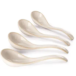 4-Pc White Soup  Spoons | Asian Ramen Spoon| Oval Hook Ceramic for Pho & Wonton Dumpling | Dishwasher Safe