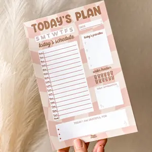 Today’s Plan Checkered Notepad | Daily Planner Note Pad | Light Pink And Cream Checkered Note Pad | Cute Hourly Planner Note Pad