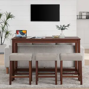 59 Inch Bar Table, Dining Table, Sofa Table with Power Outlet, 3 Upholstered Stools, 4 Piece Bar Table and Chair Set for Living Room, Dining Room, Kitchen