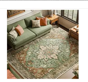 Area Rugs 8'x10' Washable Non-Slip, Floral Vintage Distress Print Pattern Medallion Carpet for Living Room Bedroom Dining Room, Brick Red Rust Neutral Brown Burnt Orange Green