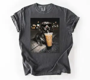 Comfort Colors Funny Dachshund Drinking Iced Coffee T-Shirt, Animal Meme Graphic Tee, Gift for Men & Women