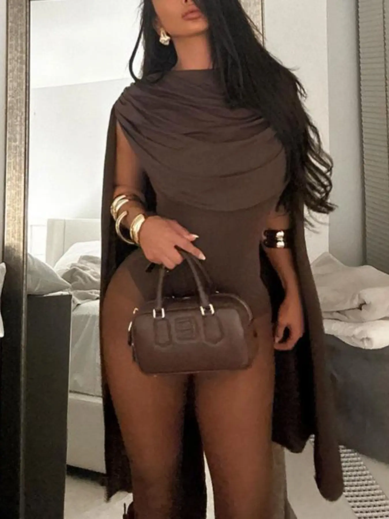 Fashion Womenswear Lady Mature Solid Color Hooded Asymmetrical Bow Design Tight High Waist Jumpsuit, Women's Casual Long Sleeve Romper Clothes