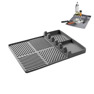 Silicone Griddle Mat 16x11.5", Grill Side Shelf Mat with Drip Pad, Heat Resistant Spatula Mat, Non-Slip Countertop Protector for Outdoor BBQ, Grilling and Kitchen Cooking (Grey)