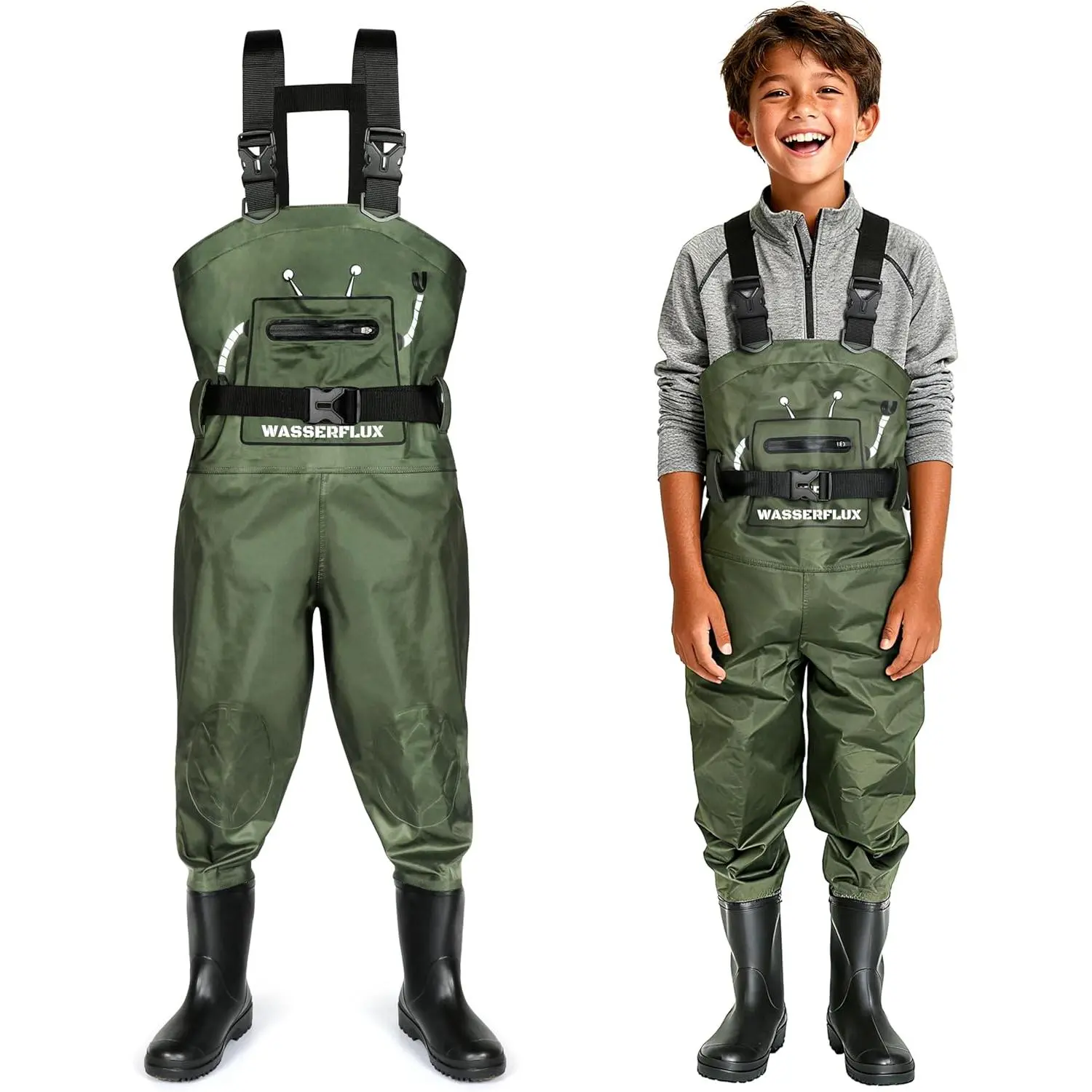 Kids Chest Waders with Boots, Waterproof PVC Waders with Reinforced Knees & Reflective Strips, Fishing Gear for Toddler Boys Outdoor