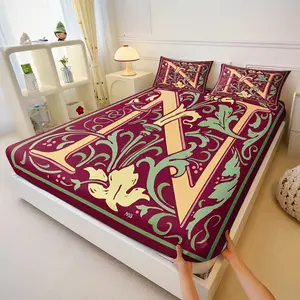 Fitted Sheet 3pcs Set: Luxury Art Nouveau Aesthetic Fitted Sheet Set, 1 Fitted Sheet + 2 Pillowcases. Featuring Elegant Gold "N" Floral Tapestry Design, Breathable & All-Season Use. Perfect for Contemporary Home Styling. No Filling.