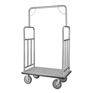 fathersdaygift VEVOR Hotel Luggage Cart, 1200 LBS Load Capacity, Brushed Stainless Steel Finish Bellman's Cart, Valet Cart with Grey Carpeted Deck and 8-inch Rubber Wheels, Ideal for Hotels, Condos, Resorts, Silver