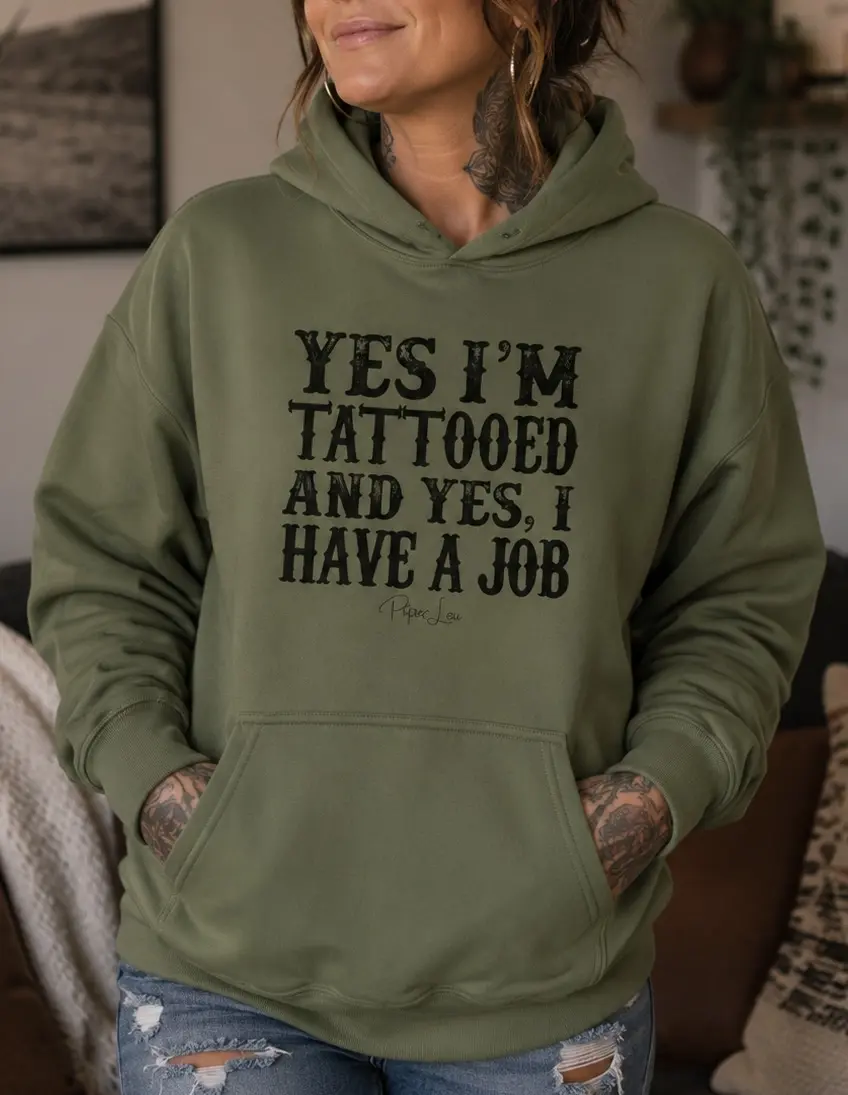 Women's "Yes I'm Tattooed" Graphic Hoodie, Soft Polyester-Cotton Yarn Blend with Spandex, Pouch Pocket & Matching Drawcord, Fabric, Athletic