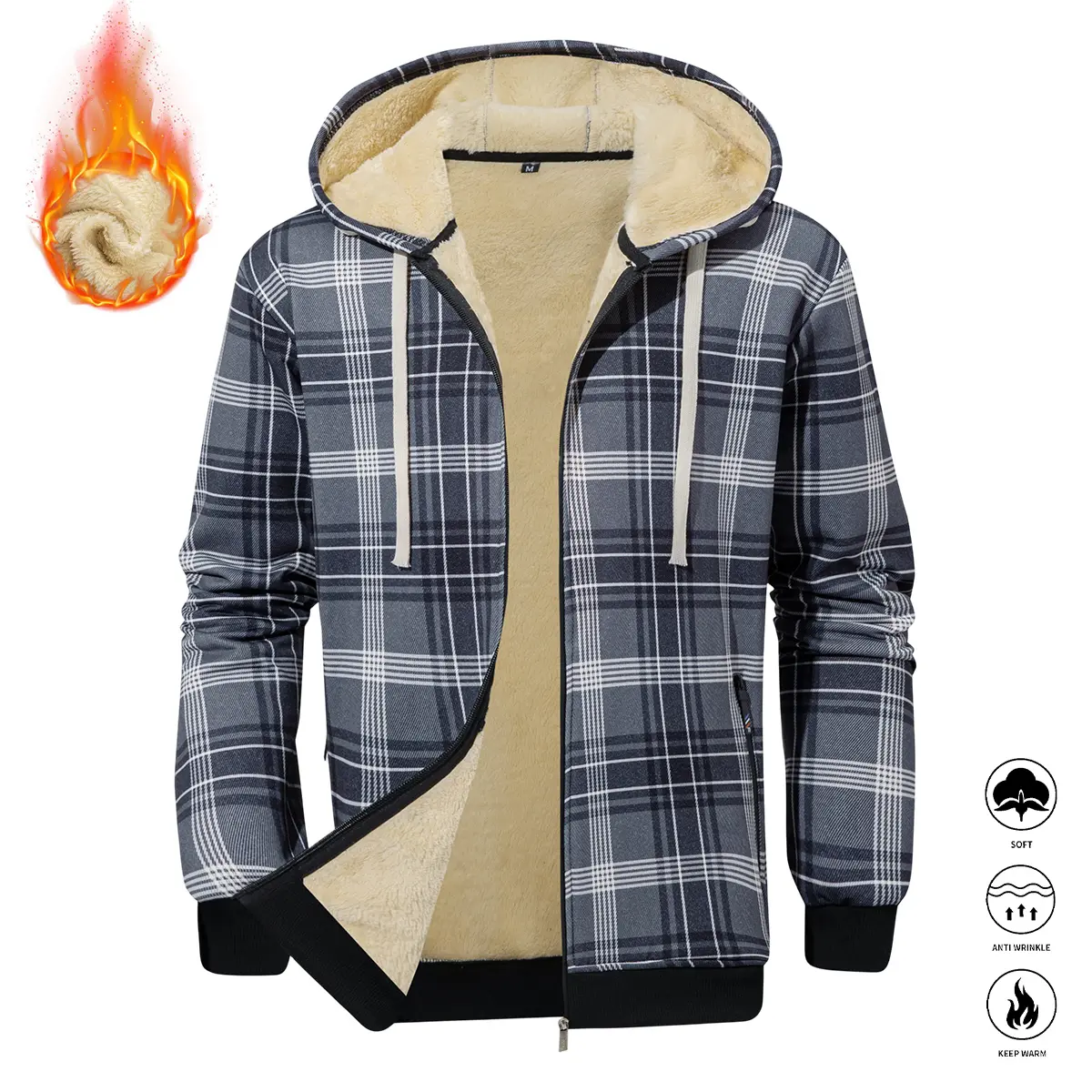 JOGWAVE Men’s casual fleece pullover hoodie sweatshirt, fashionable faux two-piece plaid and striped design, made from warm polyester fiber, machine washable, winter warmth, outdoor casual wear, thicker version, couples’ matching set, wardrobe winter, lil
