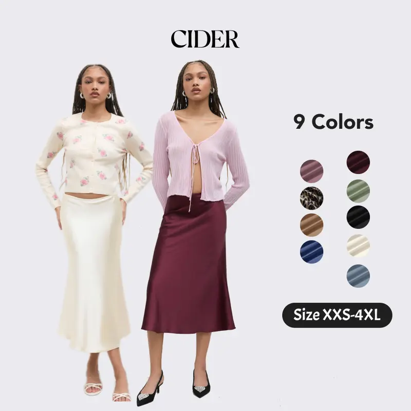 Cider Women's High-Waist Plain Soft Satin Maxi Skirt - Shimmer Sheen, Flow Drape, Longline Elegance, Sizes XS-4XL, Black/Brown/Dark Navy, for Wedding Guests, Party Outfits, Size Xxxs-4Xl